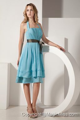 Aqua Blue A-line Halter Knee-length Prom Dress Taffeta Ruch and Bow