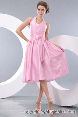Pink Empire Halter Tea-length Taffeta Beading and Bowknot Prom / Homecoming Dress