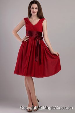 Wine Red Empire V-neck Knee-length Chiffon Sash Prom Dress