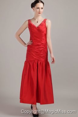 Red Column / Sheath V-neck Tea-length Taffeta Prom Dress