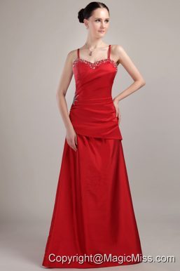 Wine Red Column/Sheath Spaghetti Straps Floor-length Taffeta Beading Prom Dress