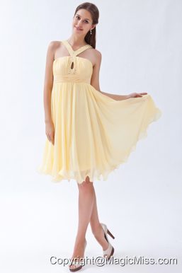 Yellow Empire V-neck Knee-length Chiffon Beading Prom Dress