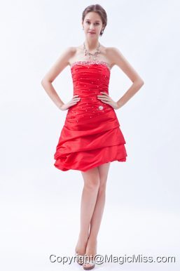 Red A-line / Princess Strapless Mini-length Taffeta Beading Prom Dress