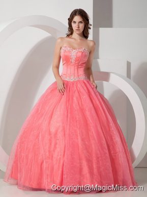 Beautiful Ball Gown Sweetheart Floor-length Satin and Organza Appliques with Beading Quinceanera Dress