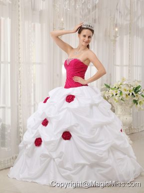 Hot Pink and White Ball Gown Strapless Floor-length Taffeta Hand Made Flower Quinceanera Dress