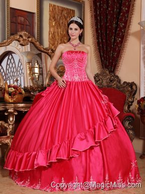 Coral Red Ball Gown Strapless Floor-length Satin and Taffeta Embroidery Quinceanera Dress
