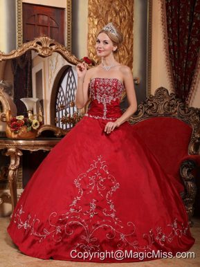 Wine Red Ball Gown Strapless Floor-length Satin Embroidery Quinceanera Dress