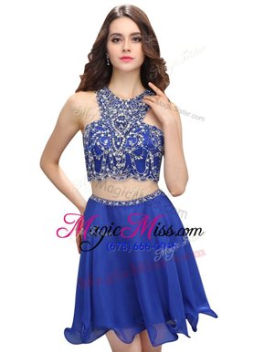 Custom Fit Scoop Sleeveless Chiffon Mini Length Zipper Prom Party Dress in Blue for with Beading