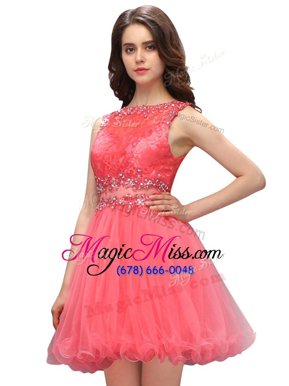 On Sale Coral Red A-line Bateau Sleeveless Organza Mini Length Zipper Beading and Lace Prom Gown