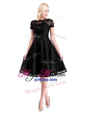 Classical Lace Mother Of The Bride Dress Black Zipper Short Sleeves Knee Length
