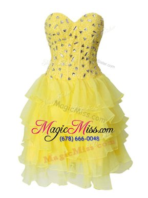 Mini Length Zipper Cocktail Dress Yellow and In for Prom and Party with Beading and Ruffled Layers