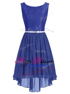 Inexpensive Scoop Sleeveless High Low Lace and Belt Side Zipper Prom Dress with Navy Blue