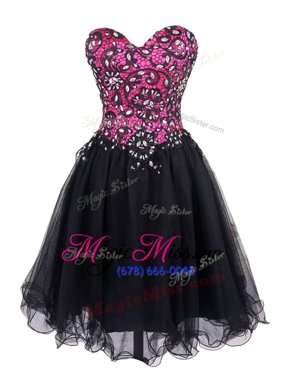 Hot Selling Mini Length Pink And Black Evening Dresses Tulle Sleeveless Beading and Lace