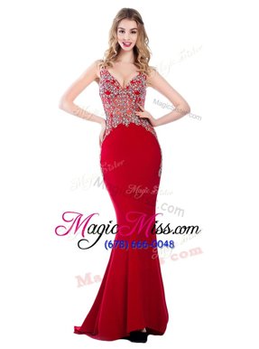 Graceful Watermelon Red Mermaid V-neck Sleeveless Silk Like Satin With Brush Train Backless Beading Dress for Prom