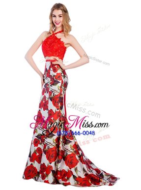 Great Mermaid Halter Top Printed Multi-color Sleeveless Brush Train Lace and Pattern With Train Prom Dress