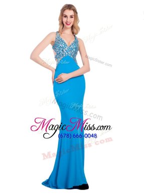 V-neck Sleeveless Clasp Handle Dress for Prom Baby Blue Silk Like Satin