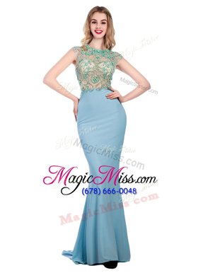 Luxury Scoop With Train Baby Blue Prom Dresses Silk Like Satin Sweep Train Sleeveless Beading