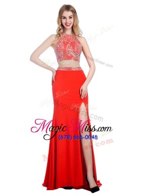 On Sale Beading Prom Dresses Coral Red Criss Cross Sleeveless With Train Sweep Train