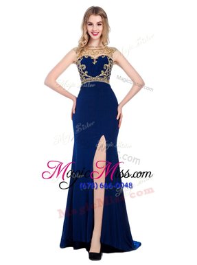 Trendy Beading and Appliques Womens Evening Dresses Navy Blue Zipper Sleeveless With Train Sweep Train