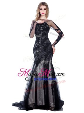 Fitting Mermaid Bateau Long Sleeves Mother Of The Bride Dress With Train Court Train Lace Black Tulle