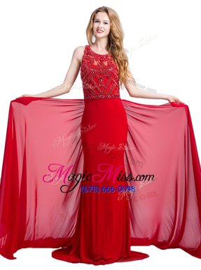 Artistic Scoop Sleeveless Formal Dresses With Train Court Train Beading Red Silk Like Satin