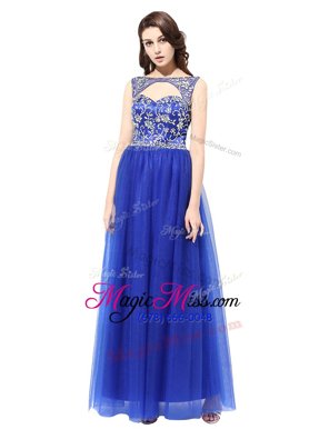Romantic Column/Sheath Homecoming Dress Blue Bateau Tulle Sleeveless Floor Length Zipper