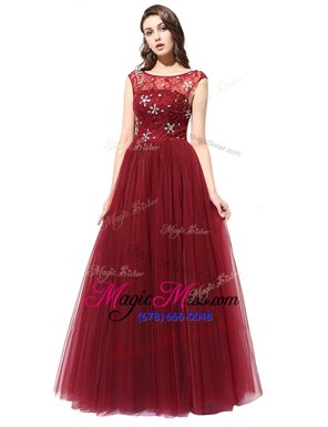 Smart Scoop Sleeveless Tulle Floor Length Zipper Prom Dresses in Wine Red for with Beading