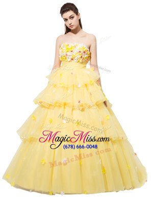 Comfortable Yellow Organza Lace Up Strapless Sleeveless With Train Military Ball Dresses For Women Ruffled Layers and Hand Made Flower