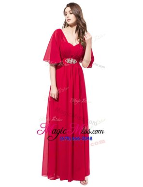 Inexpensive V-neck Half Sleeves Zipper Mother Of The Bride Dress Coral Red Satin