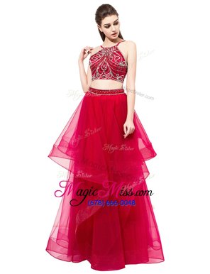 Delicate Floor Length Two Pieces Sleeveless Red Prom Evening Gown Zipper
