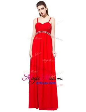 Cheap Floor Length Red Prom Dress Chiffon Sleeveless Beading