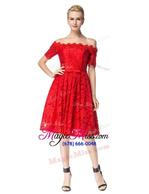 Custom Design Lace Off The Shoulder Sleeveless Zipper Lace Prom Gown in Red