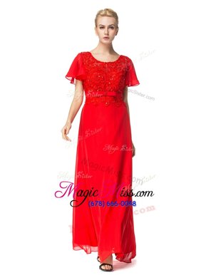 Scoop Short Sleeves Chiffon Floor Length Backless Prom Evening Gown in Red for with Beading and Appliques