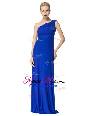 New Style One Shoulder Floor Length Royal Blue Dress for Prom Chiffon Sleeveless Ruching
