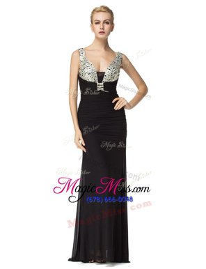 Floor Length Zipper Juniors Evening Dress Black and In for Prom and Party with Beading