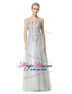 Custom Made Scoop Sleeveless Tulle Floor Length Zipper Homecoming Gowns in Light Blue for with Appliques