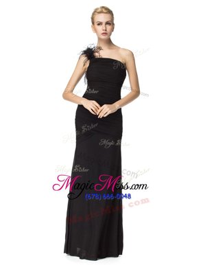 Ideal Floor Length Black Evening Dresses One Shoulder Sleeveless Zipper