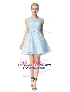 Pretty Scoop Baby Blue Sleeveless Lace Zipper Teens Party Dress for Prom and Party
