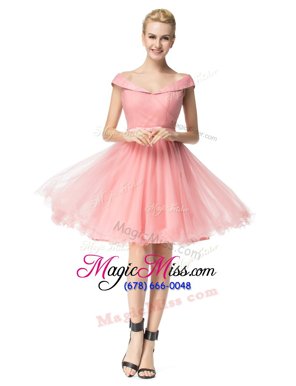 Beauteous Off the Shoulder Pink Cap Sleeves Tulle Zipper Womens Party Dresses for Prom and Party