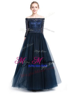 Noble Black Zipper Off The Shoulder Beading and Appliques Juniors Evening Dress Tulle 3|4 Length Sleeve