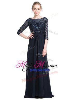 Noble Black Bateau Zipper Beading Prom Party Dress 3|4 Length Sleeve