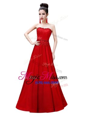 Colorful Red Empire Strapless Sleeveless Chiffon Floor Length Lace Up Beading Prom Evening Gown
