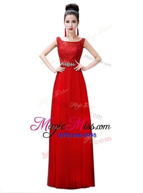 Custom Design Bateau Sleeveless Zipper Prom Party Dress Red Chiffon