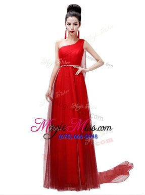 Superior Empire Prom Gown Coral Red One Shoulder Chiffon Sleeveless Floor Length Side Zipper