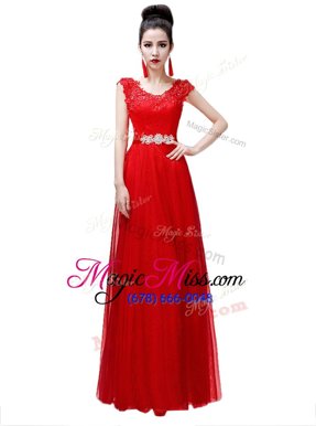 Ideal Coral Red Dress for Prom Prom and Party and For with Beading Scoop Cap Sleeves Lace Up