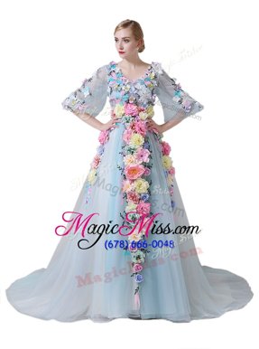 Modern Court Train A-line Pageant Dress for Teens Light Blue V-neck Tulle Half Sleeves With Train Zipper