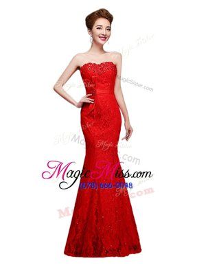 High End Floor Length Mermaid Sleeveless Red Formal Evening Gowns Lace Up