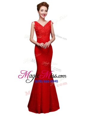 Glittering V-neck Sleeveless Lace Up Prom Dress Red Lace