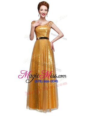 Gold Zipper Scoop Beading and Sequins and Belt Evening Dresses Sequined Cap Sleeves