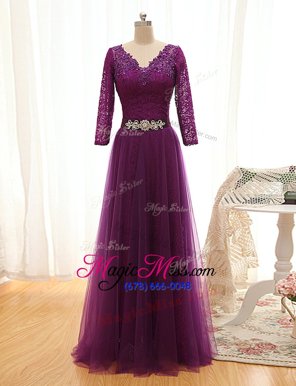 Great Purple Tulle Lace Up Mother Of The Bride Dress 3|4 Length Sleeve Floor Length Beading and Lace